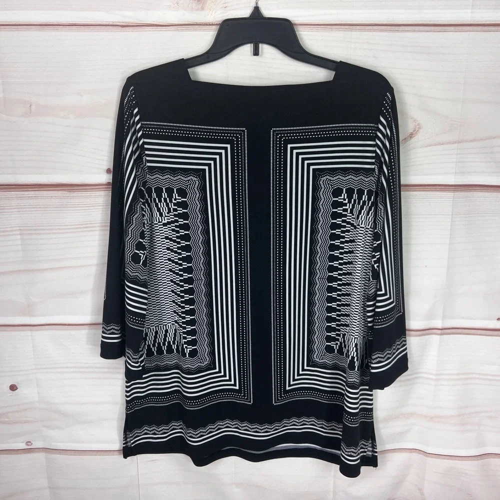 JM Collection Top Womens M Black 3/4 Sleeve Blouse Geometric Rhinestones Knit - Picture 6 of 8